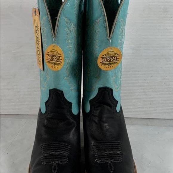 Corral Black/Blue Embroidery Pull Holes Square Toe Western Boots Women US 11 NWT - Picture 2 of 6